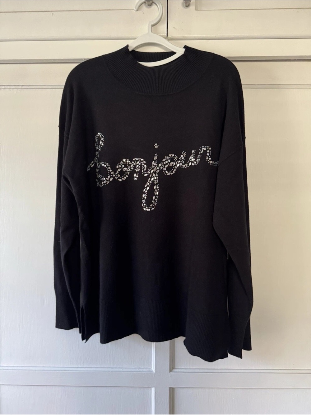 Karl Lagerfeld Black 'Bonjour' Jeweled Script Crewneck Sweater